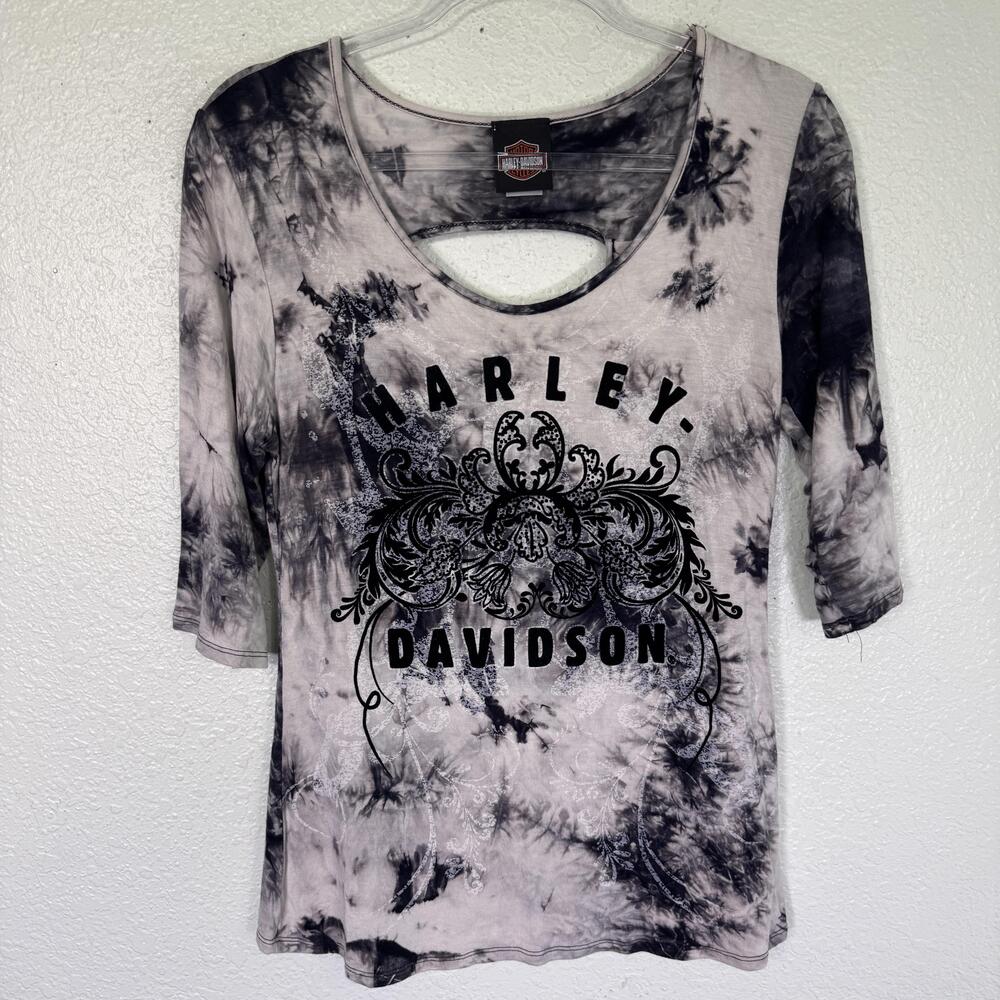 Harley Davidson Top Womens Medium Y2K Tie Dye Keyhole Biker Shirt Grunge Rayon